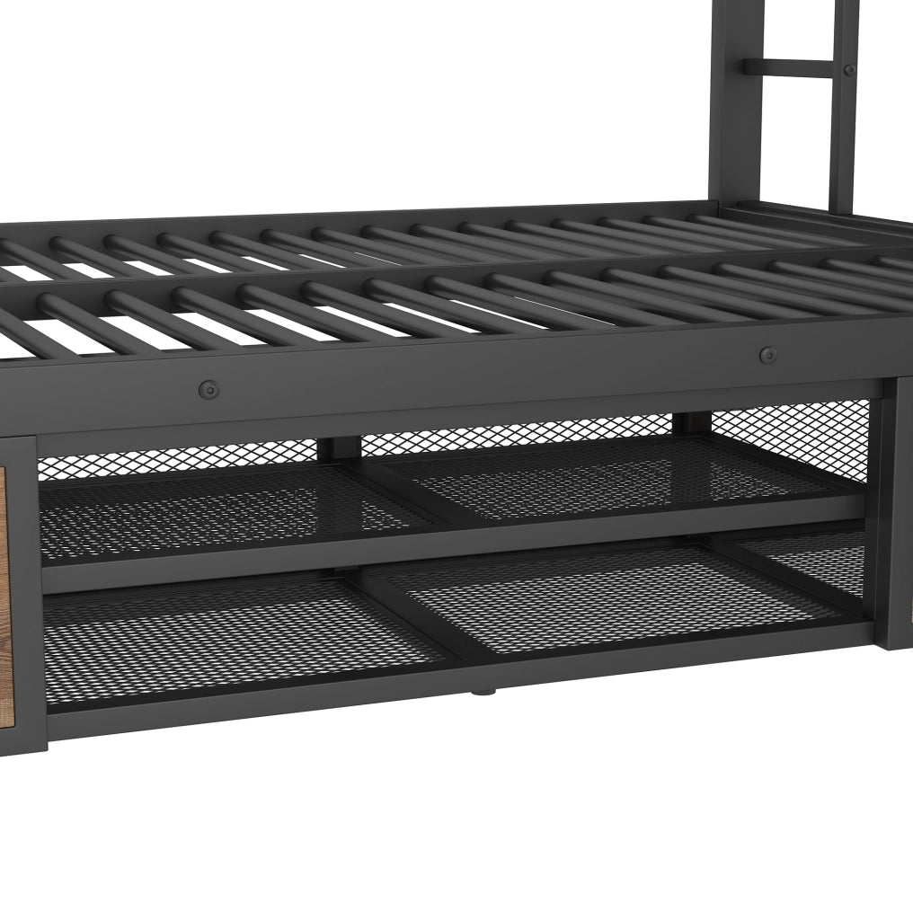 Letto a castello nero 90x200 e 140x200 cm con scarpiera e ripiani