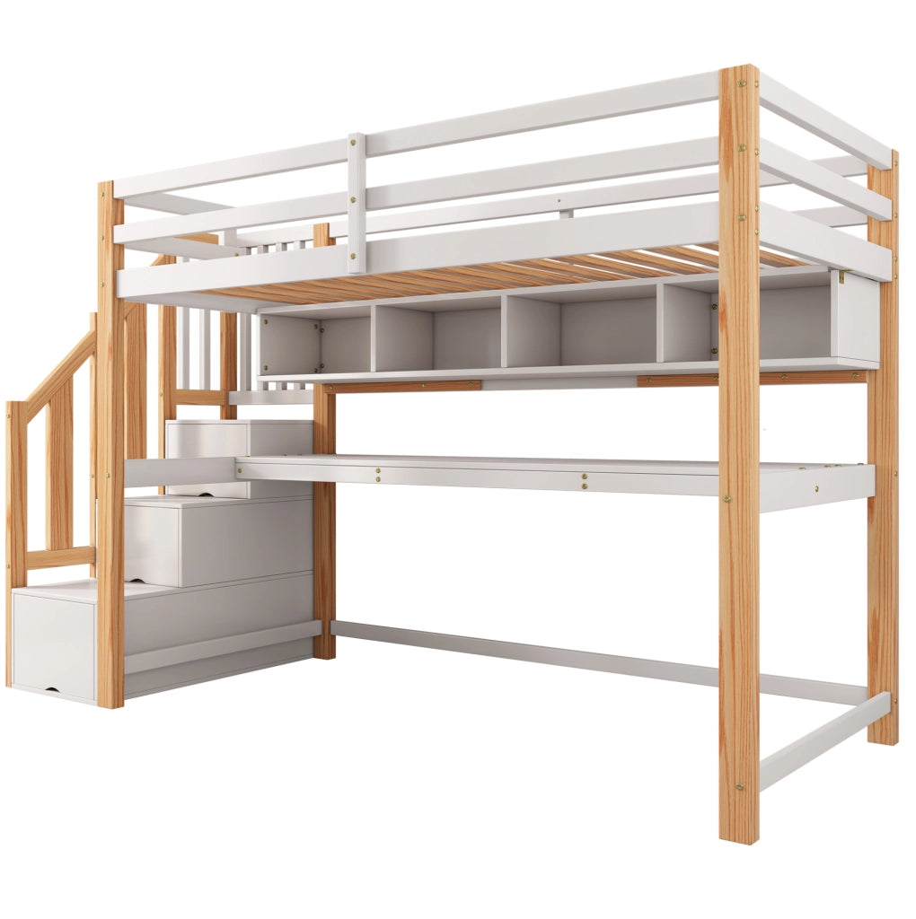 Letto a soppalco per bambini con scrivania, scaffali e scala contenitore 90x200 cm