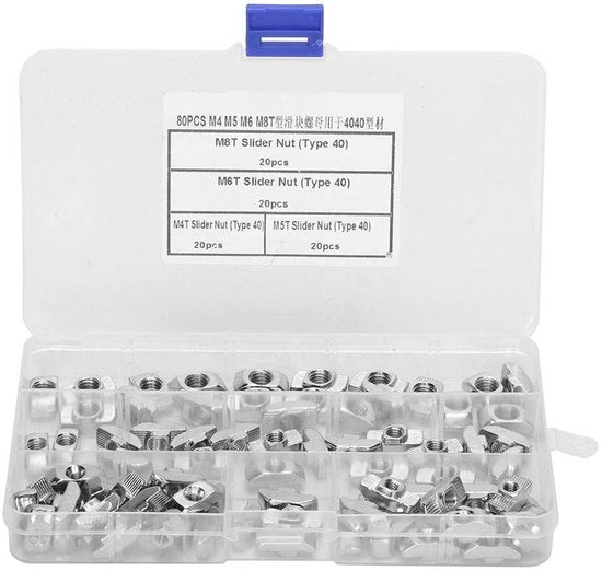 Elementi di connessione a scorrimento 80 pezzi - M4/M5/M6/M8 - Elementi di collegamento - Adatti per profili di alluminio 4040 - Inclusa scatola di conservazione - Elementi di connessione a scorrimento