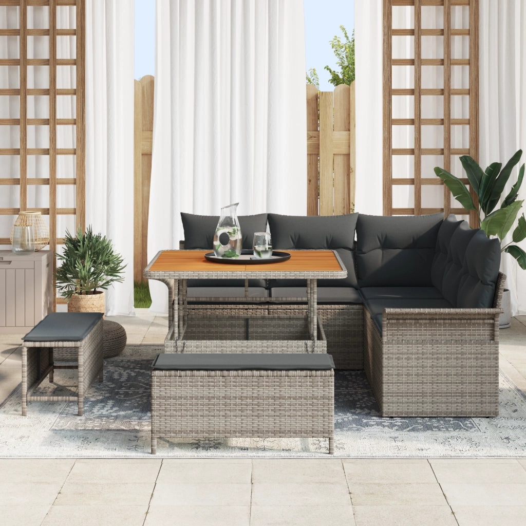 Set da giardino 8 pezzi con cuscini Grigio Rattan Polietilene Acacia