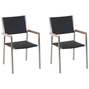 Set di 2 Sedie da Pranzo da Giardino Seduta in Finta Rattan Nero e Argento Gambe in Acciaio Inox Impilabili per Esterni