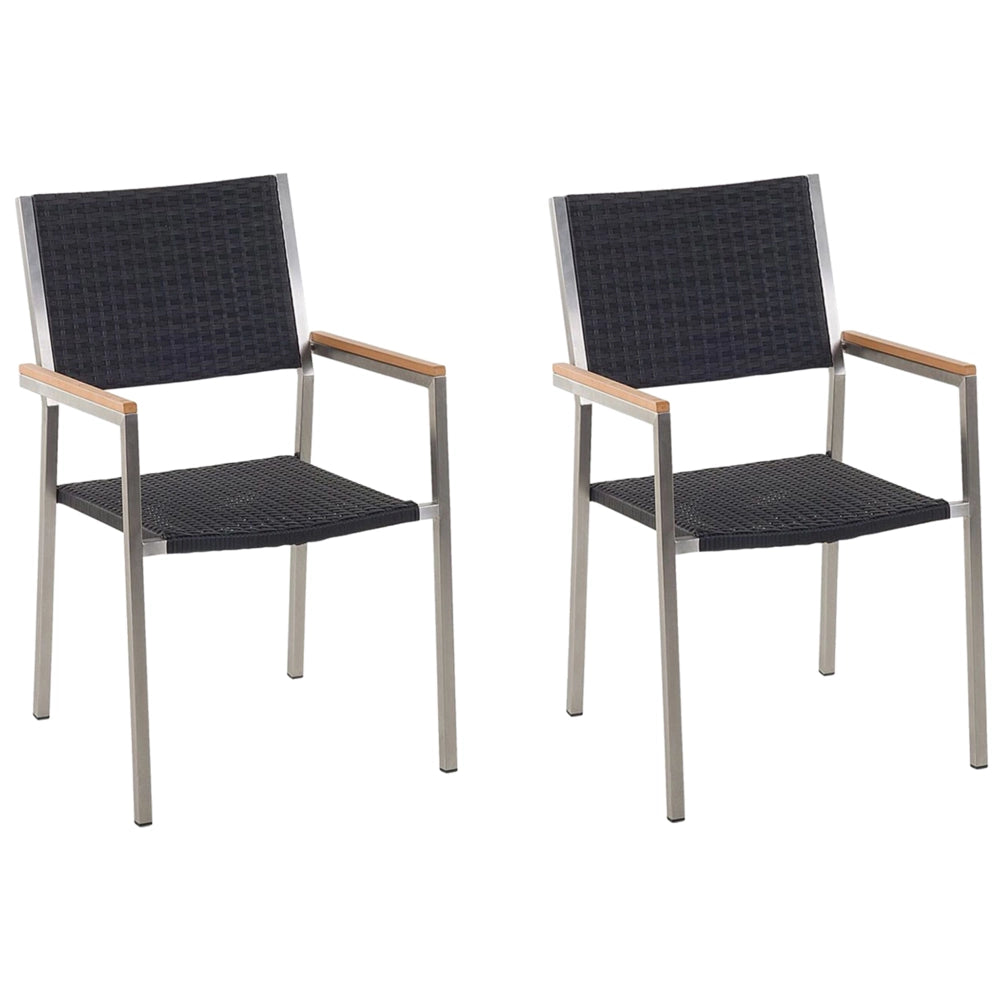 Set di 2 Sedie da Pranzo da Giardino Seduta in Finta Rattan Nero e Argento Gambe in Acciaio Inox Impilabili per Esterni