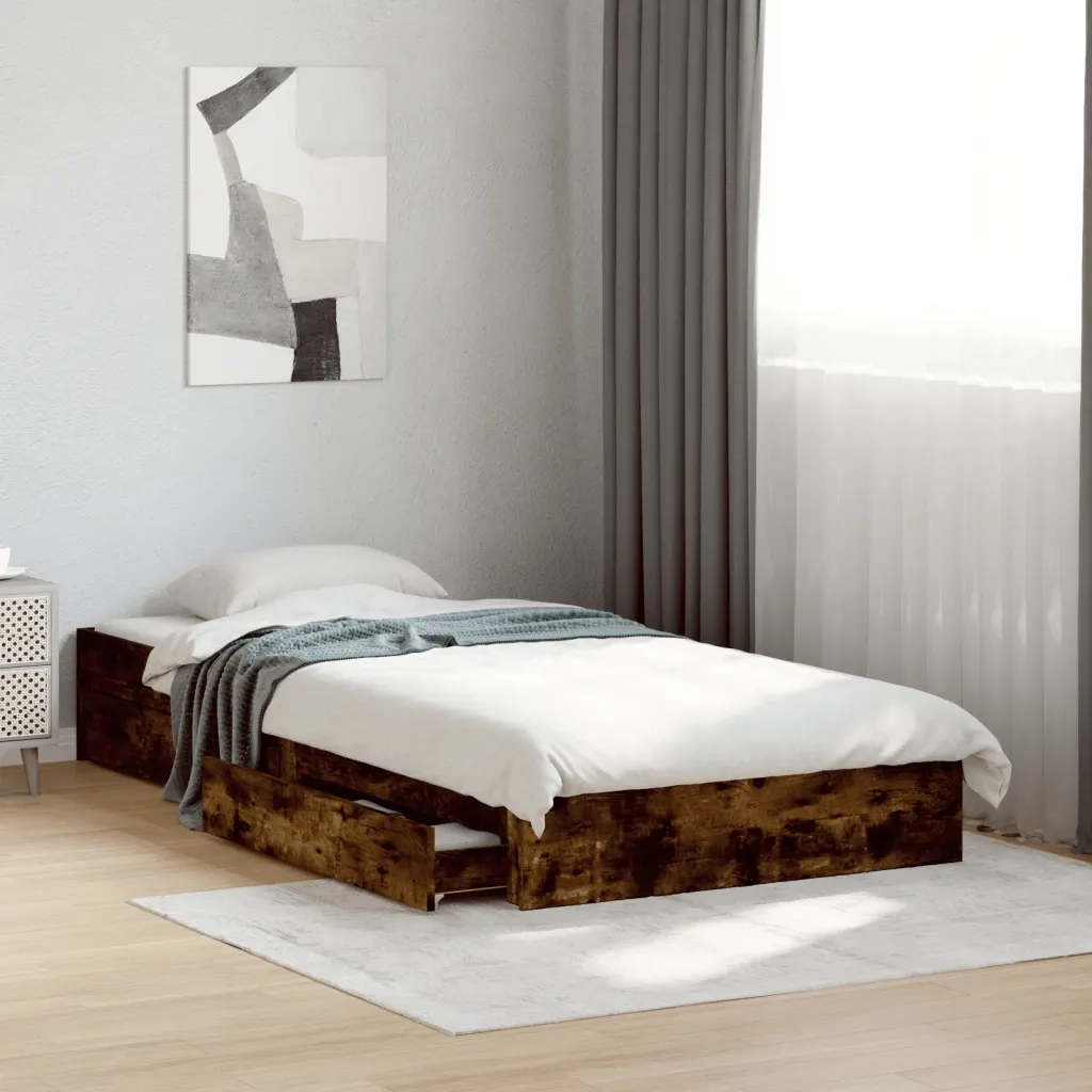 Letto singolo | Letto per adulti | Giroletto con Cassetti Rovere Fumo 100x200 cm Legno Multistrato