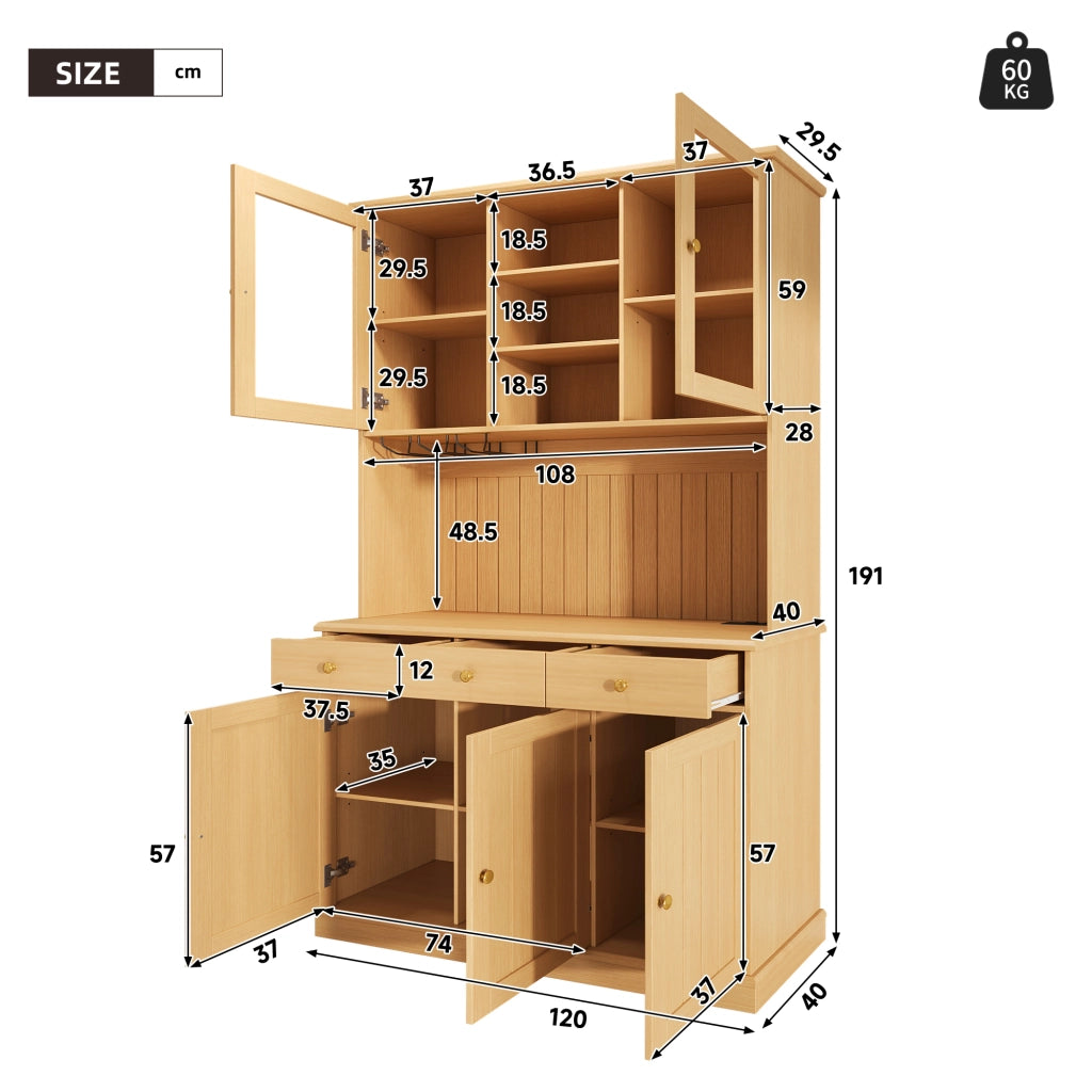 Credenza alta con vetrina, 1 cassetto e prese USB, per cucina e sala da pranzo, rovere naturale, 120 × 40 × 191 cm