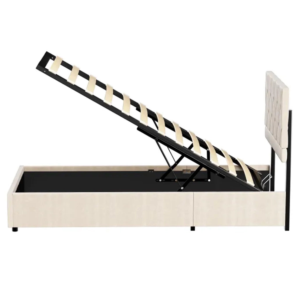 Letto singolo imbottito beige in velluto, struttura MDF ferro, supporto centrale