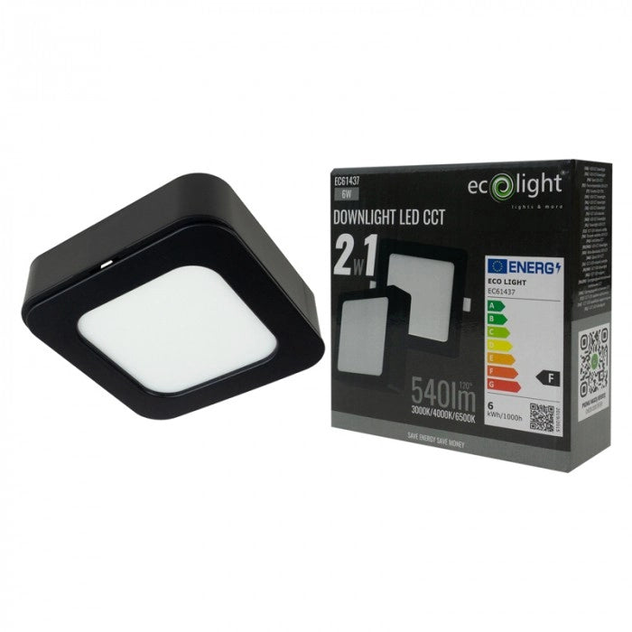 Plafoniera LED quadrata 6W CCT nera Ecolight