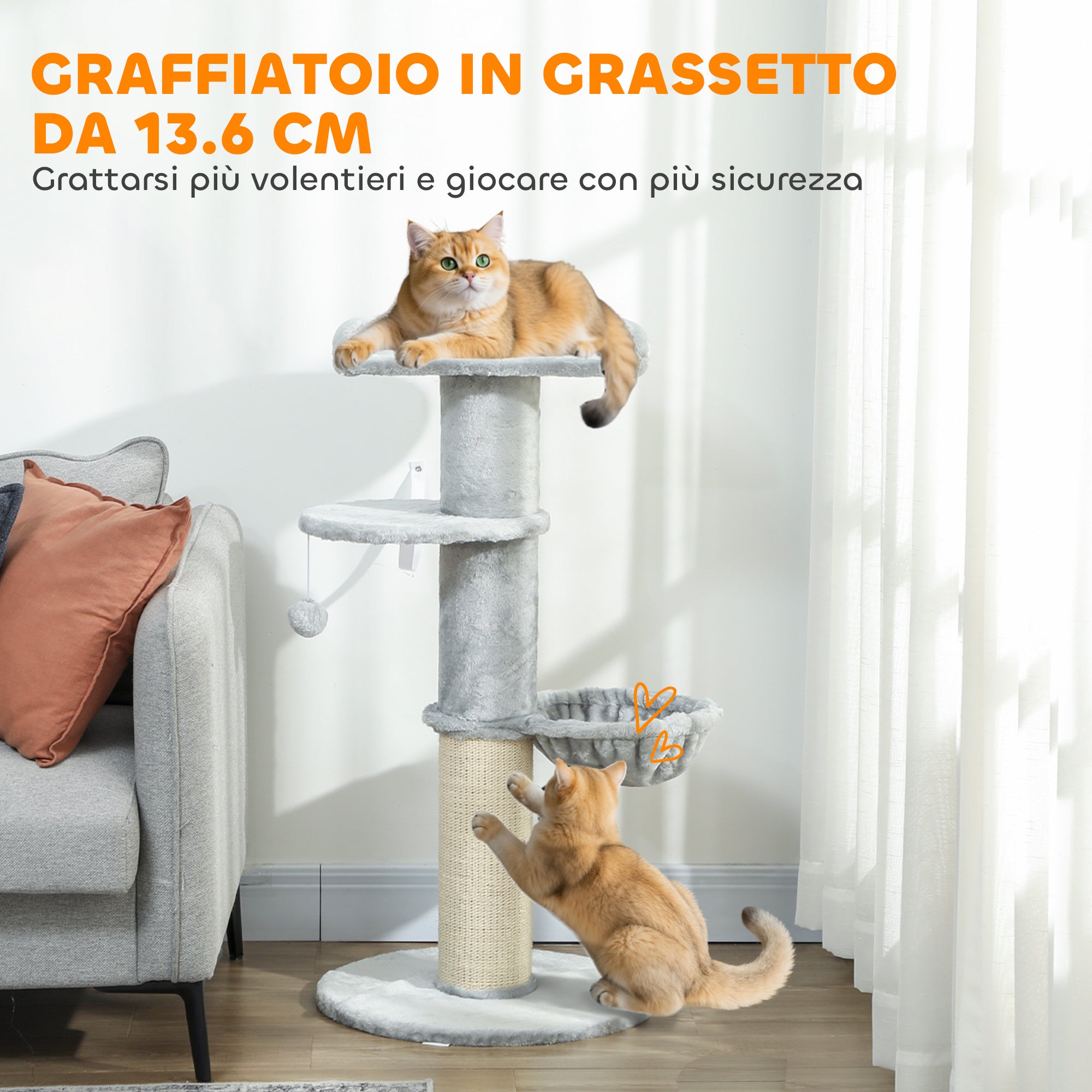 Albero Tiragraffi per Gatti Alto 103.5 cm con Lettino e Amaca, Rivestimento in Peluche, Grigio Chiaro