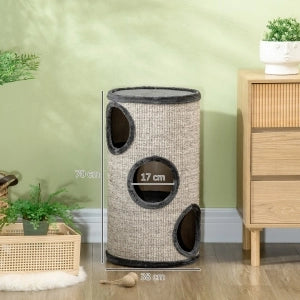 Tiragraffi a torre per gatti a 3 livelli con rivestimento in sisal e peluche, Ø38x70 cm, grigio chiaro