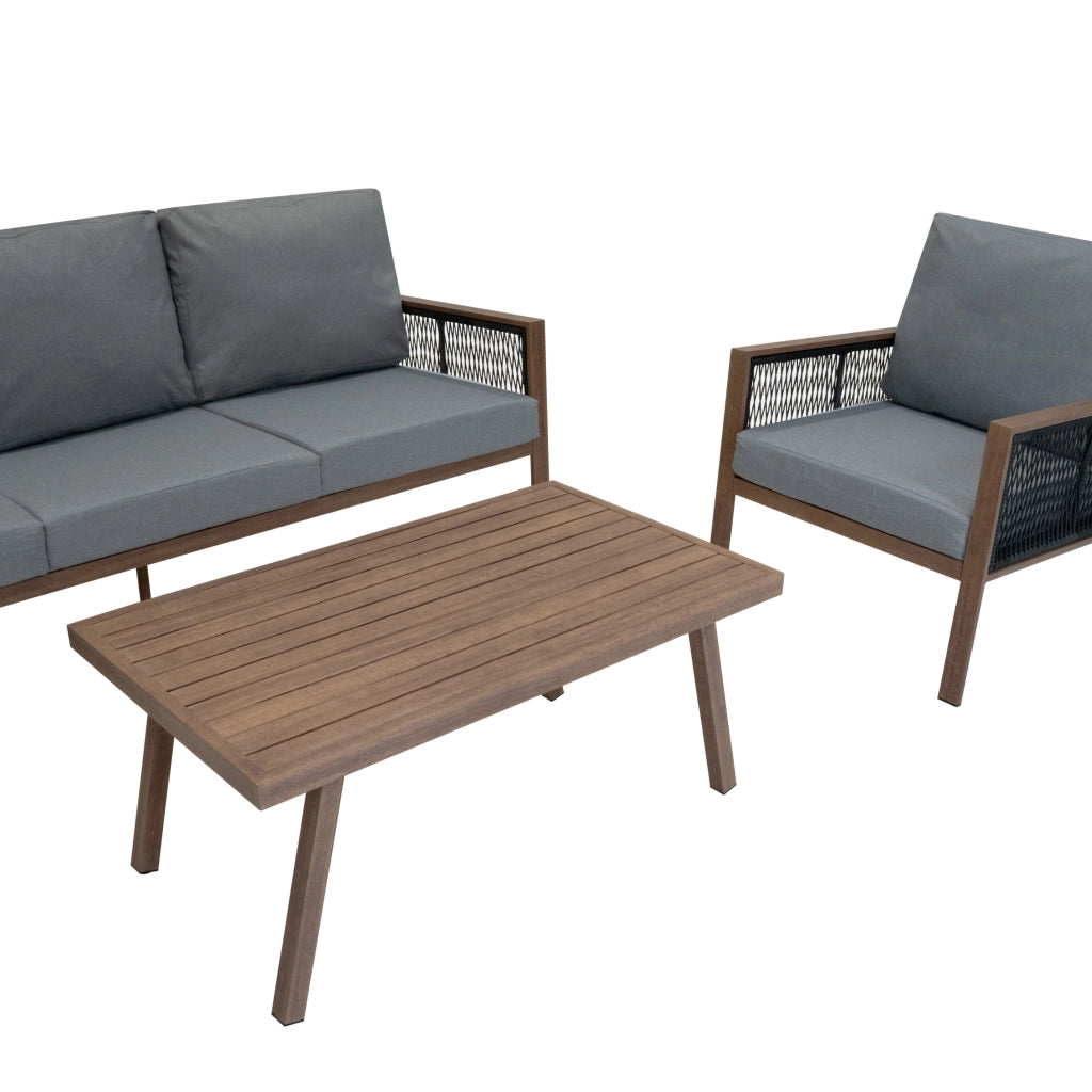 Set Mobili da Esterno 4 Pezzi in Alluminio Divano Tavolino Poltrone Effetto Legno