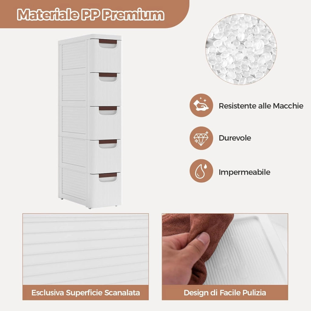 Mobile Bagno con 4 Cassetti, Mobiletto Bagno Salvaspazio con Ruote, Cassettiera in PP per Soggiorno, Bagno e Cucina, 42 x 19 x 74 cm