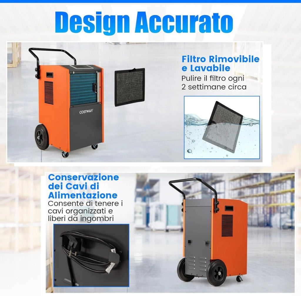 Deumidificatore Casa, Deumidificatore Elettrico con Tubo di Scarico e Timer, Deumidificatore Portatile con Ruote per Cantina, Magazzino, Fabbrica e Grandi Spazi fino a 695 m³ (Arancione)