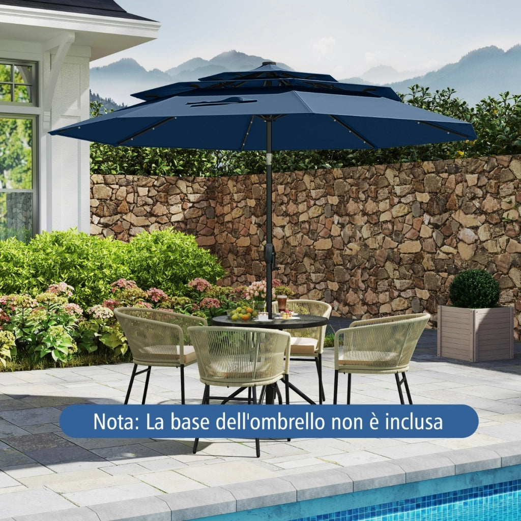 Ombrellone da patio solare 313 cm con tetto ventilato a 3 piani, Tenda parasole per tavolo da giardino Indaco-Ombrelloni