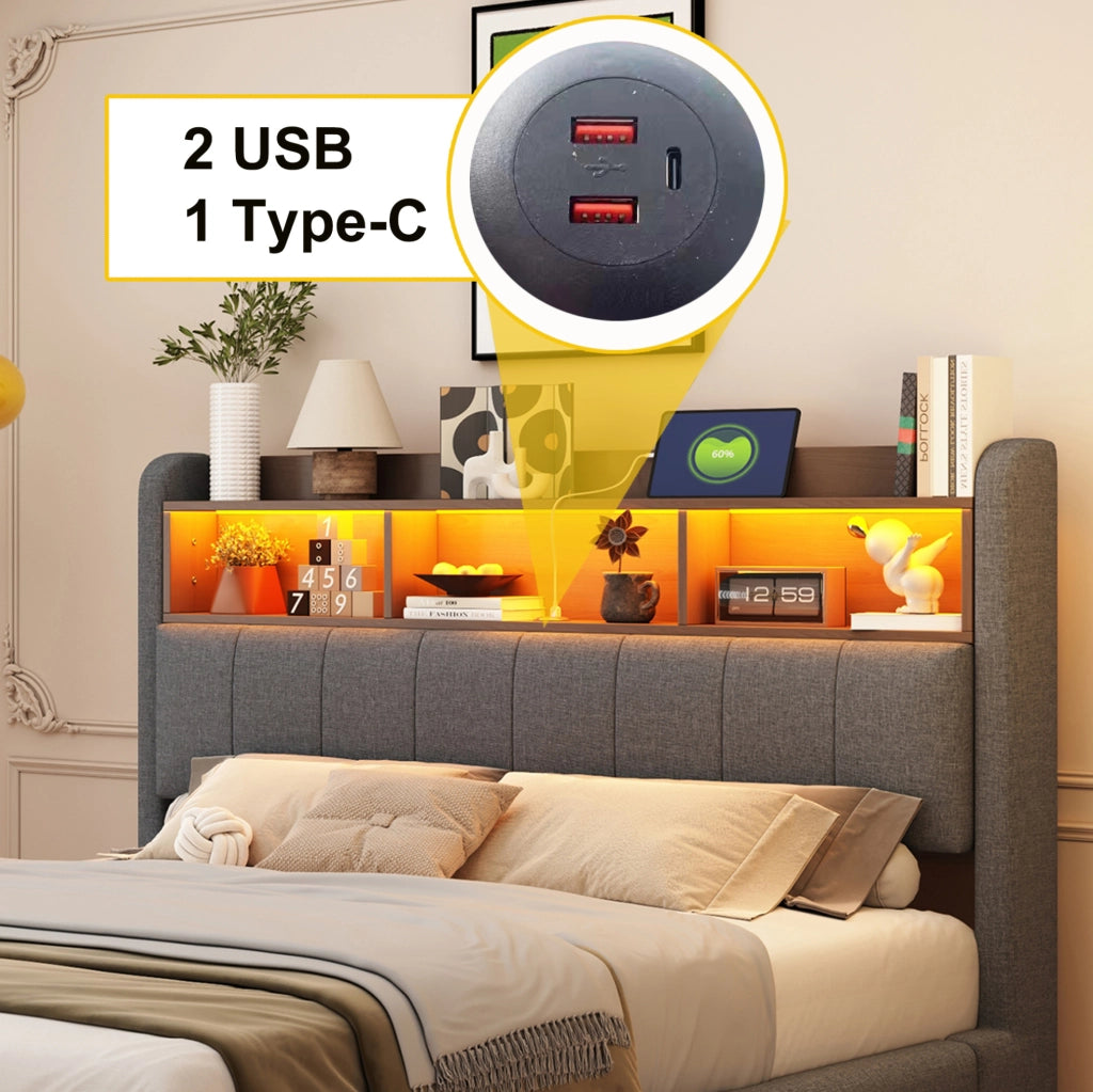 Letto imbottito sospeso 140x200 cm con LED; porte USB e Type-C; tessuto effetto lino grigio