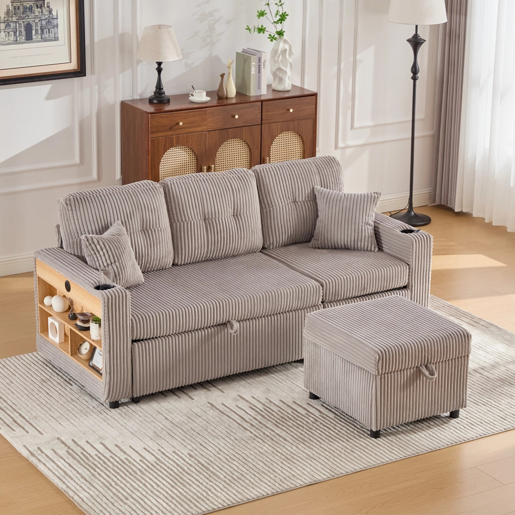 Divano letto con contenitore estraibile con USB-C e LED in velluto a coste grigio chiaro 196 × 82 × 85 cm