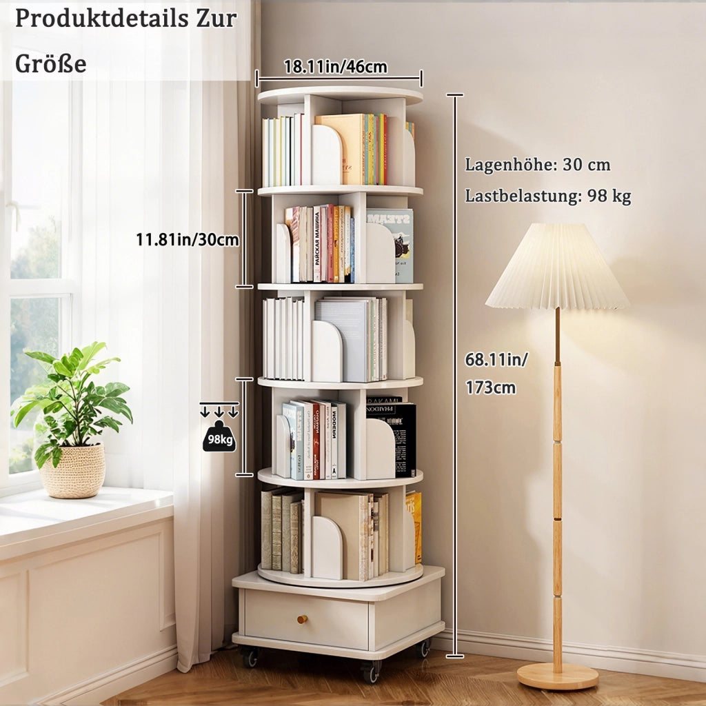 LIBRERIA Girevole 360° con cassetto e ruote Bianca in MDF