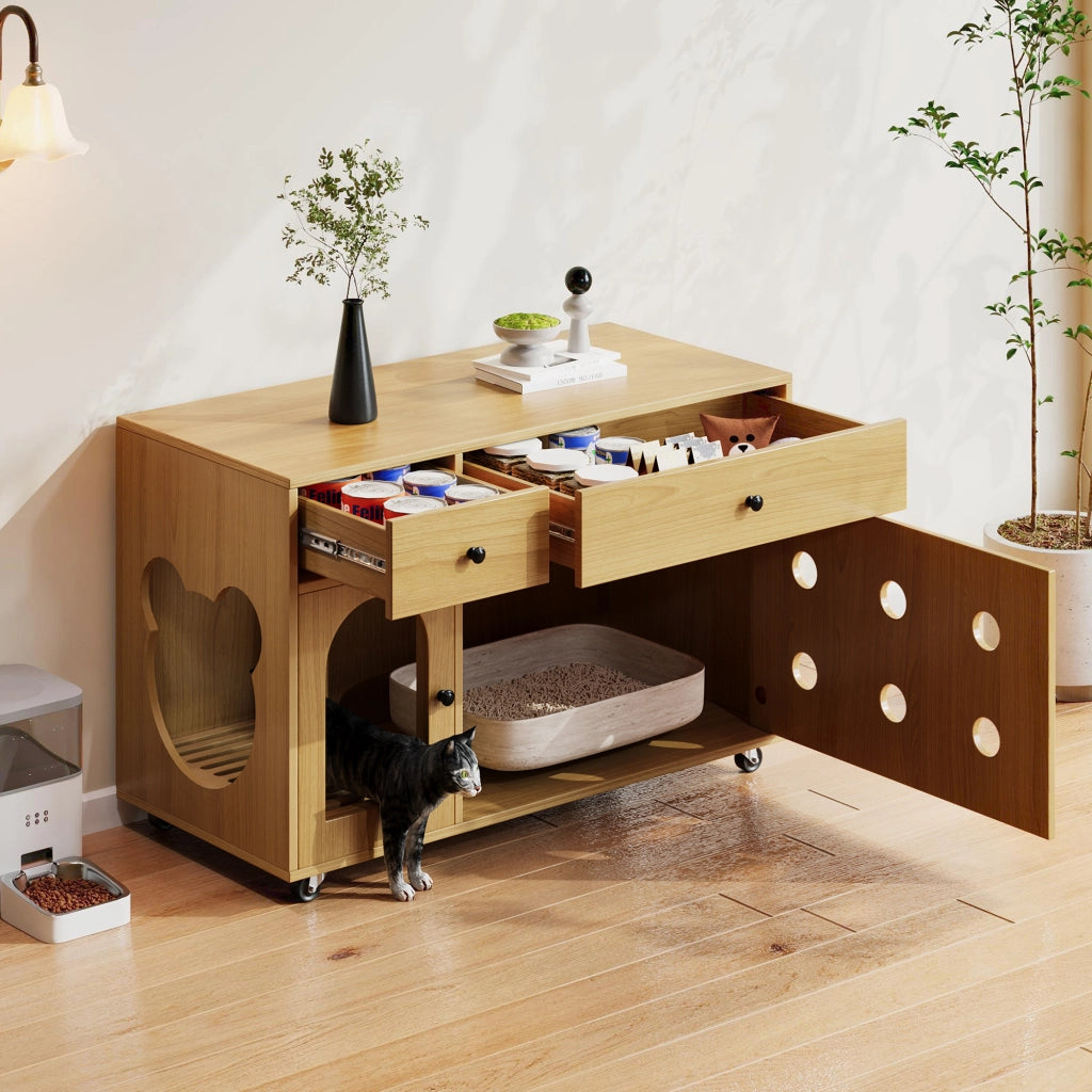Mobile copri lettiera per gatti con cassetti e vassoio raccogli-sabbia, 100x45x66 cm, colore naturale