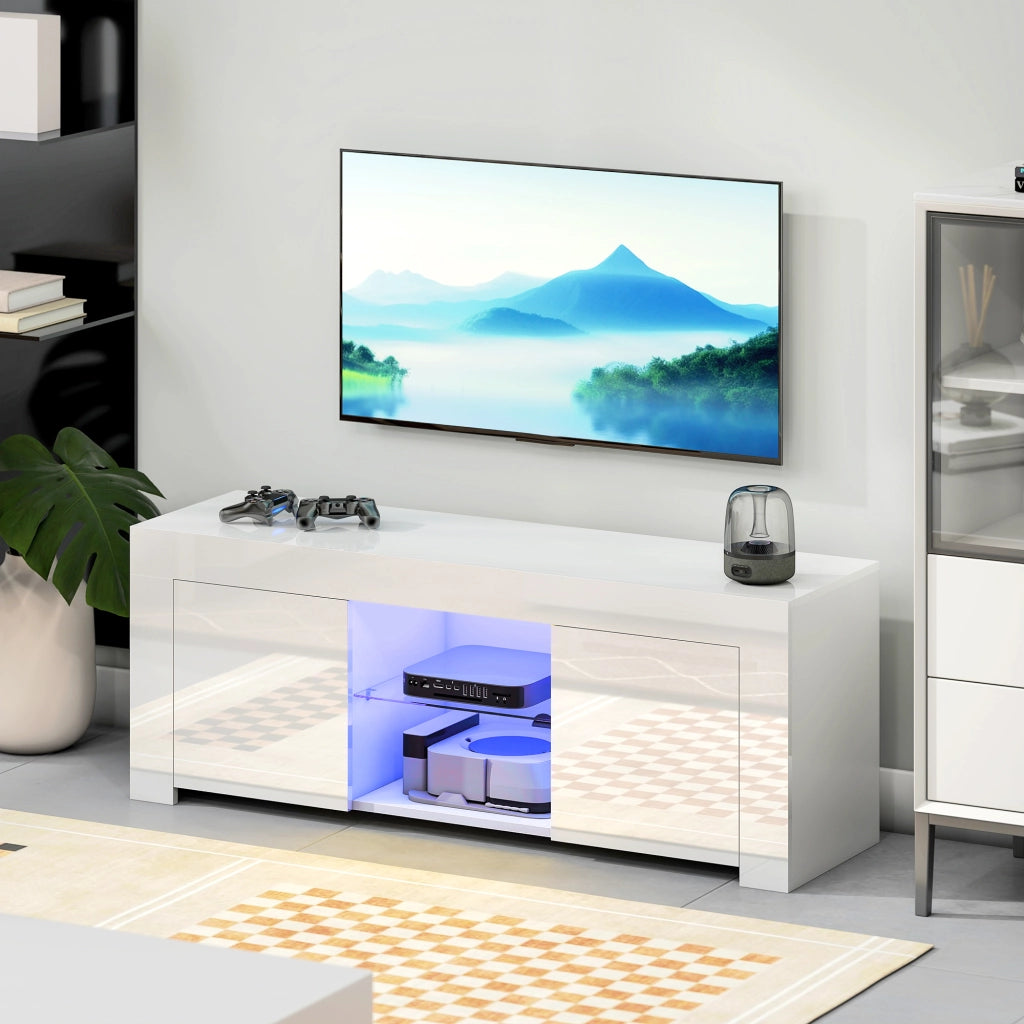 Mobile TV con LED, 2 ante, ripiano in vetro, foro cavi, per soggiorno, truciolato, bianco ¨C Minimal ¨C 120x30x