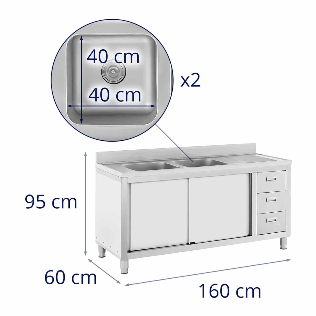 Lavello in acciaio inox su mobile 2 vasche in acciaio inox 400 x 400 x 300 mm modello professionale 14_0005017