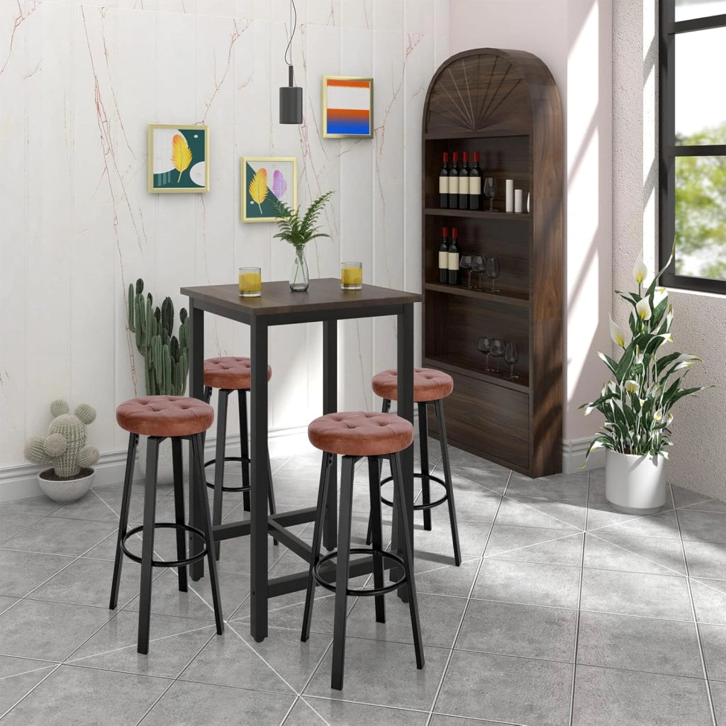 Set di 4 Sgabelli da Bar con 4 Gambe e Poggiapiedi, Sedie Alte da Cucina in Metallo e PU, con Seduta Rotonda Φ 35,5cm, Carico di 120kg, Marrone, BH330br-4