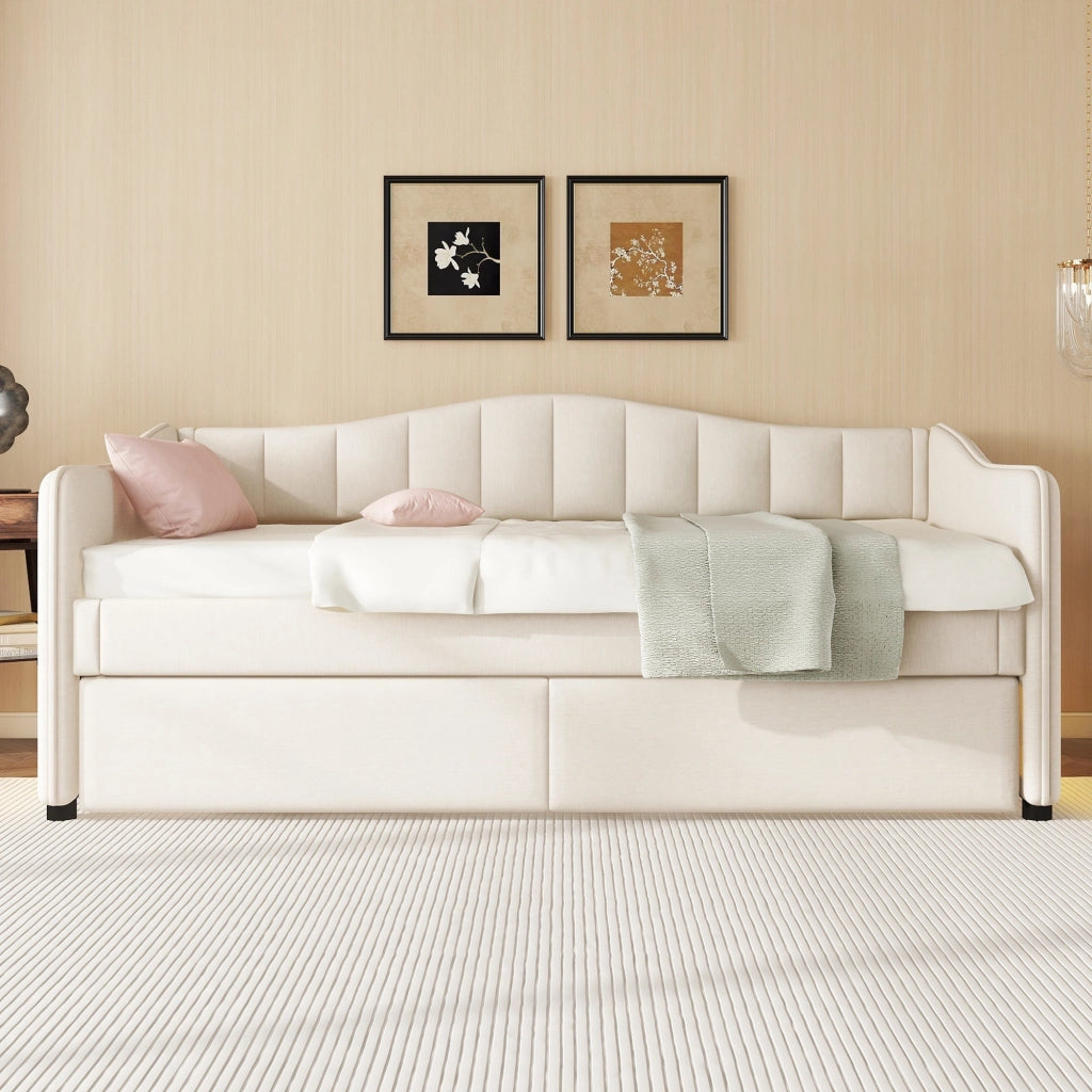 Letto Estraibile 90 × 200 cm; Letto Singolo con LED Regolabile e Letto Estraibile; senza Materasso; in Lino e MDF; Beige