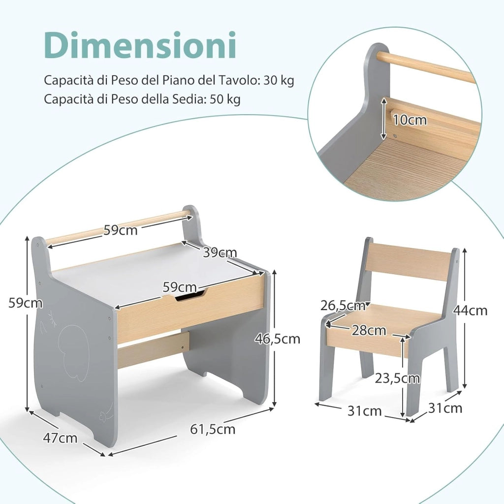 Set Tavolo e Sedia per Bambini 2 in 1, Set con Scrivania e Sedia in Legno per Bambini con Piano Rimovibile, Spazio di Archiviazione e Porta Rotolo di Carta per Aula e Cameretta (Grigio)