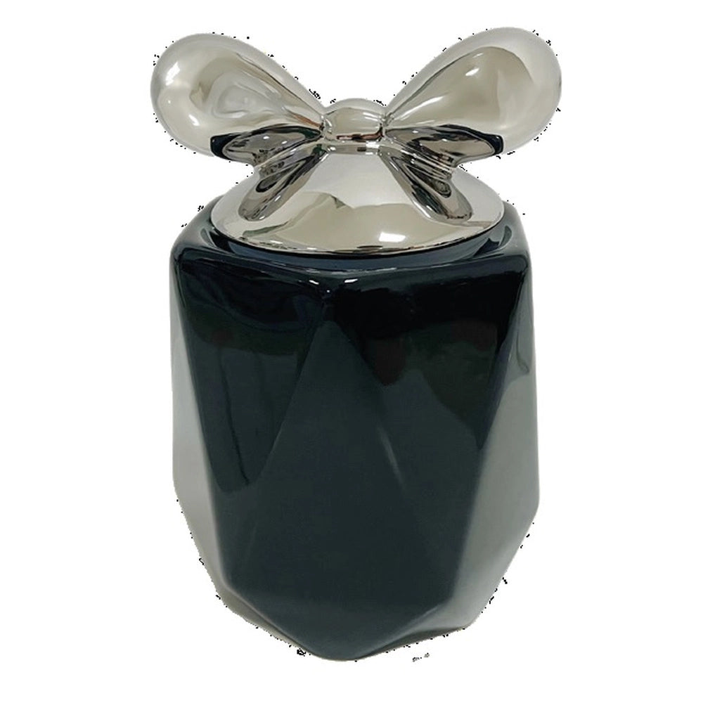 1 Pezzo Barattolo da Cucina in Porcellana con Fiocco Nero e Argento 1100 ml