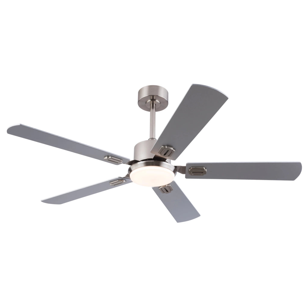 Ventilatore da soffitto con luce LED dimmerabile e telecomando; metallo e legno; color nichel