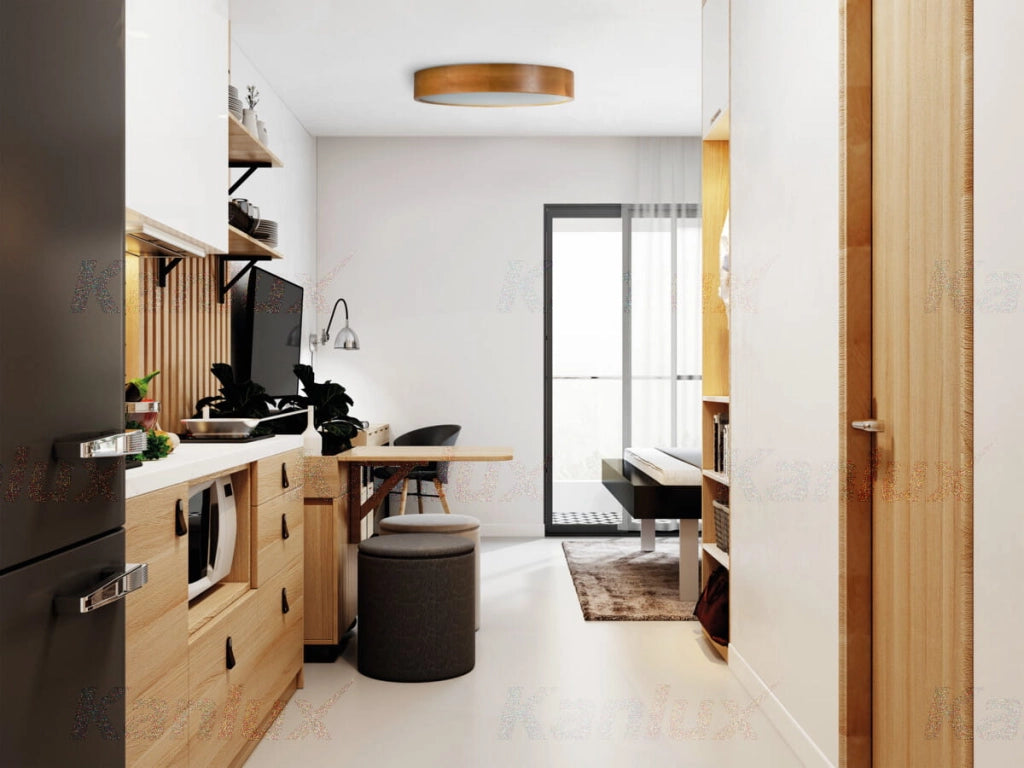 Plafoniera rotonda legno chiaro vetro bianco Kanlux Jasmin E27