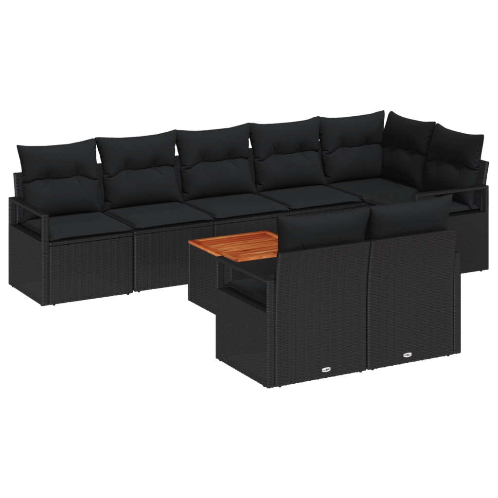 Set Divano da Giardino  9 Pezzi con Cuscini in Rattan Polimerico Nero e Acacia