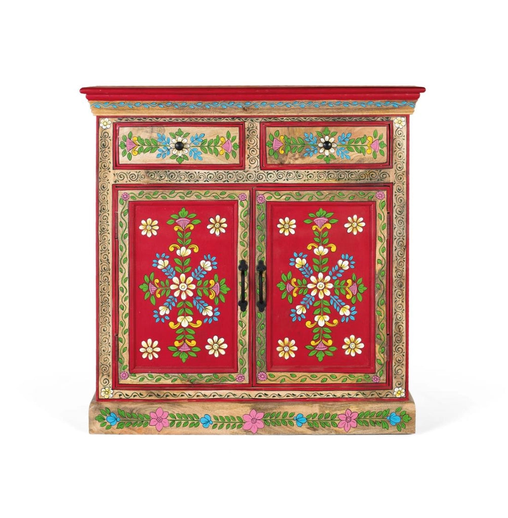 Credenza in legno di mango dipinta a mano con 2 cassetti e ante
