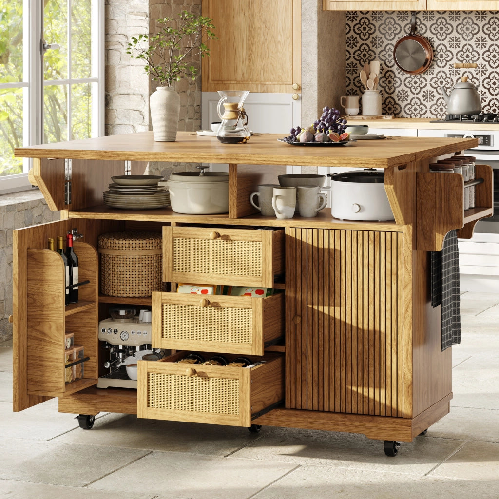 Carrello da cucina estensibile con spazio nascosto; cestini laterali e cassetti in rattan PE per cucina e balcone