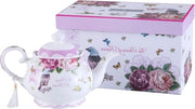 Tazza da Tè Grande con Bicchiere per Latte e Ciotola per Zucchero, Set di Tè per la Mammola, Nuova Ciotola in Ceramica Vintage con Fiori, Regalo per Lei, 1300ml - Tazza da Tè con Disegno di Uccello, Rosa e Farfalla