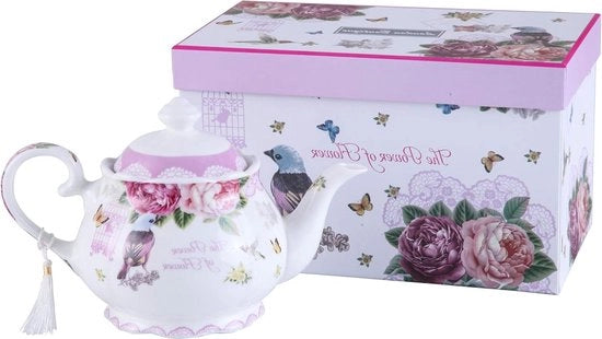 Tazza da Tè Grande con Bicchiere per Latte e Ciotola per Zucchero, Set di Tè per la Mammola, Nuova Ciotola in Ceramica Vintage con Fiori, Regalo per Lei, 1300ml - Tazza da Tè con Disegno di Uccello, Rosa e Farfalla