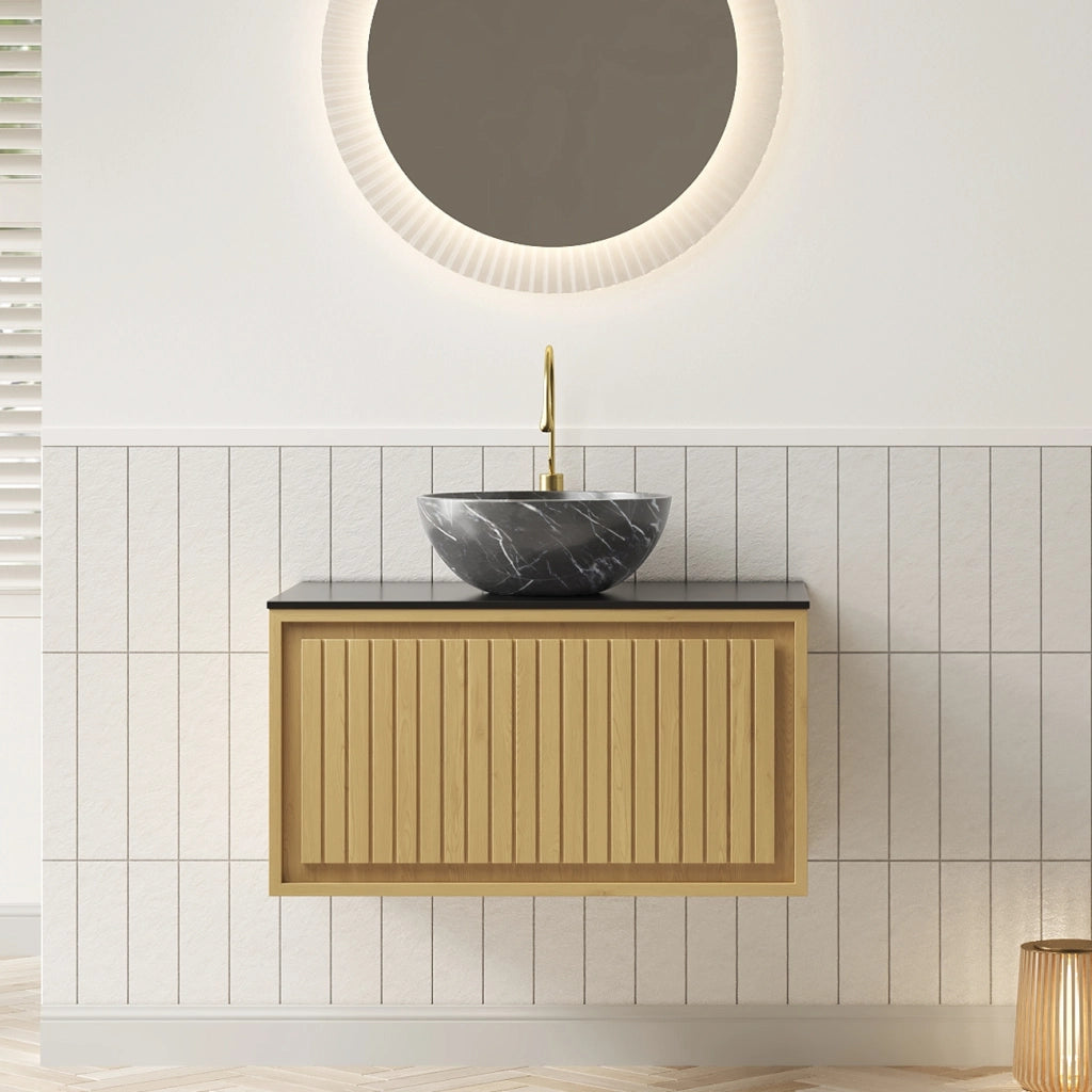 Mobile sottolavabo con lavabo in ceramica e piano in pietra sinterizzata, 1 cassetto per bagno, nero, 76 × 48 × 55.1 cm