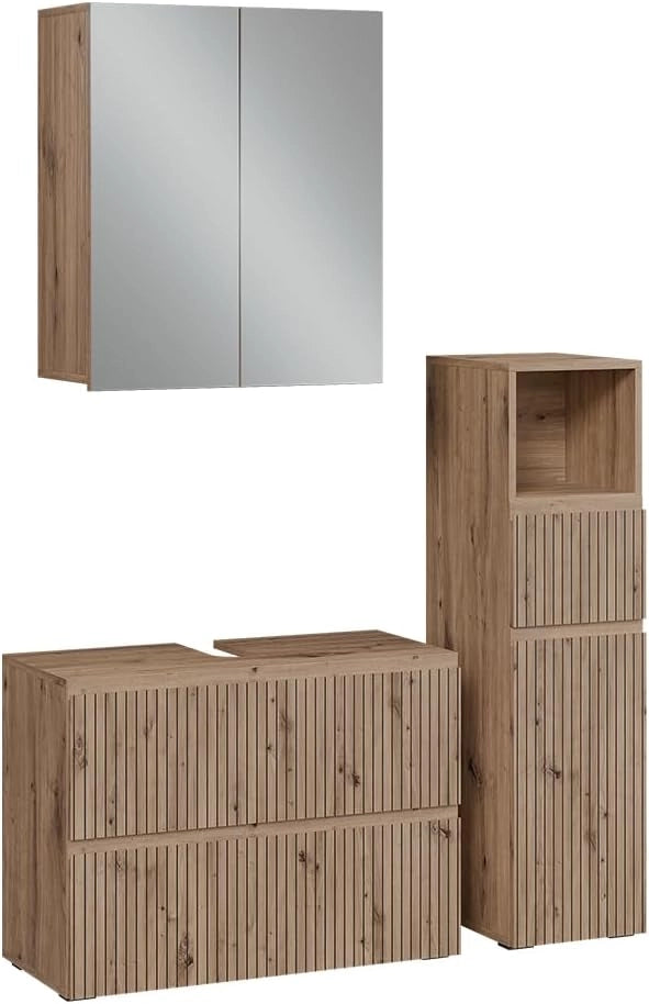 Set di mobili da bagno 3 pezzi Takumi, Artigiano, 80 cm, composto da mobile sottolavabo, specchiera e mobile medio
