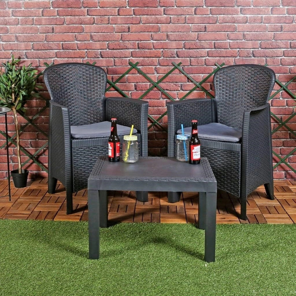 Trade Shop - Set Salotto Con Tavolino 2 Poltrone Antracite Effetto Rattan Con Cuscini Giardino 591042 -