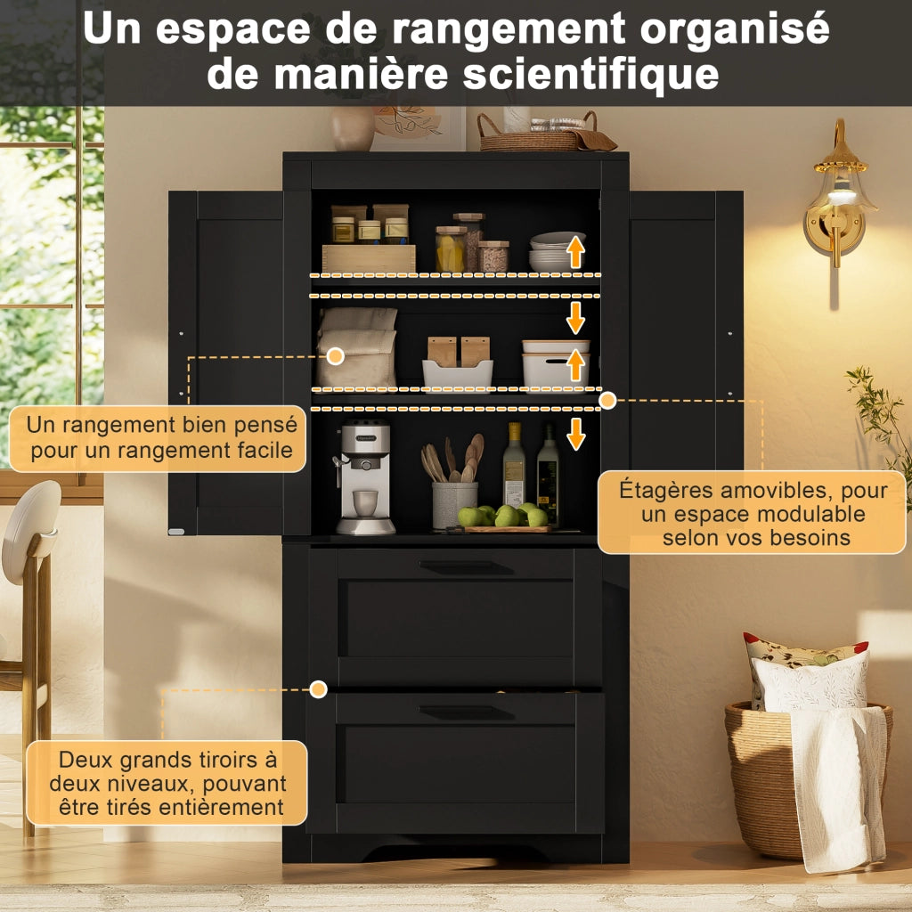 Dispensa alta con 2 cassetti e ripiani regolabili stile porta da fienile in MDF nero per cucina 60 × 30 × 128 cm