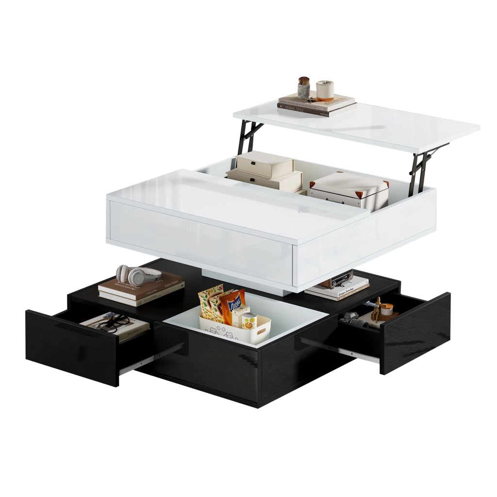Tavolino da caffè alzabile con piano girevole a 360° e 3 cassetti; vano aperto; finitura lucida; soggiorno; 70 × 70 × 40 cm