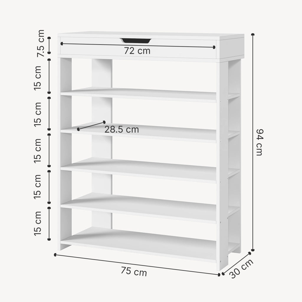 Scarpiera Boppeelo Scaffale a 5 Ripiani e Cassetto 94 x 75 x 30 cm - Bianco [en.casa]