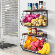 Fruitario a Sospensione 2 Livelli, Fruitscala a Sospensione, Mandolina per la Cucina, 2 pezzi di Organizzatore per la Cucina con Coperchio in Legno, Mandrina a Filo, Stivabile e Montaggio al Muro per il conservamento di verdure, frutta e snack