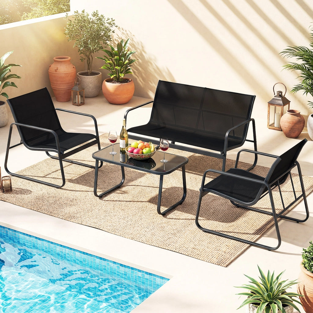 Mobili esterno 4 pz salotto patio cuscini morbidi tavolino vetro temperato-Mobili sedie giardino veranda balcone cortile