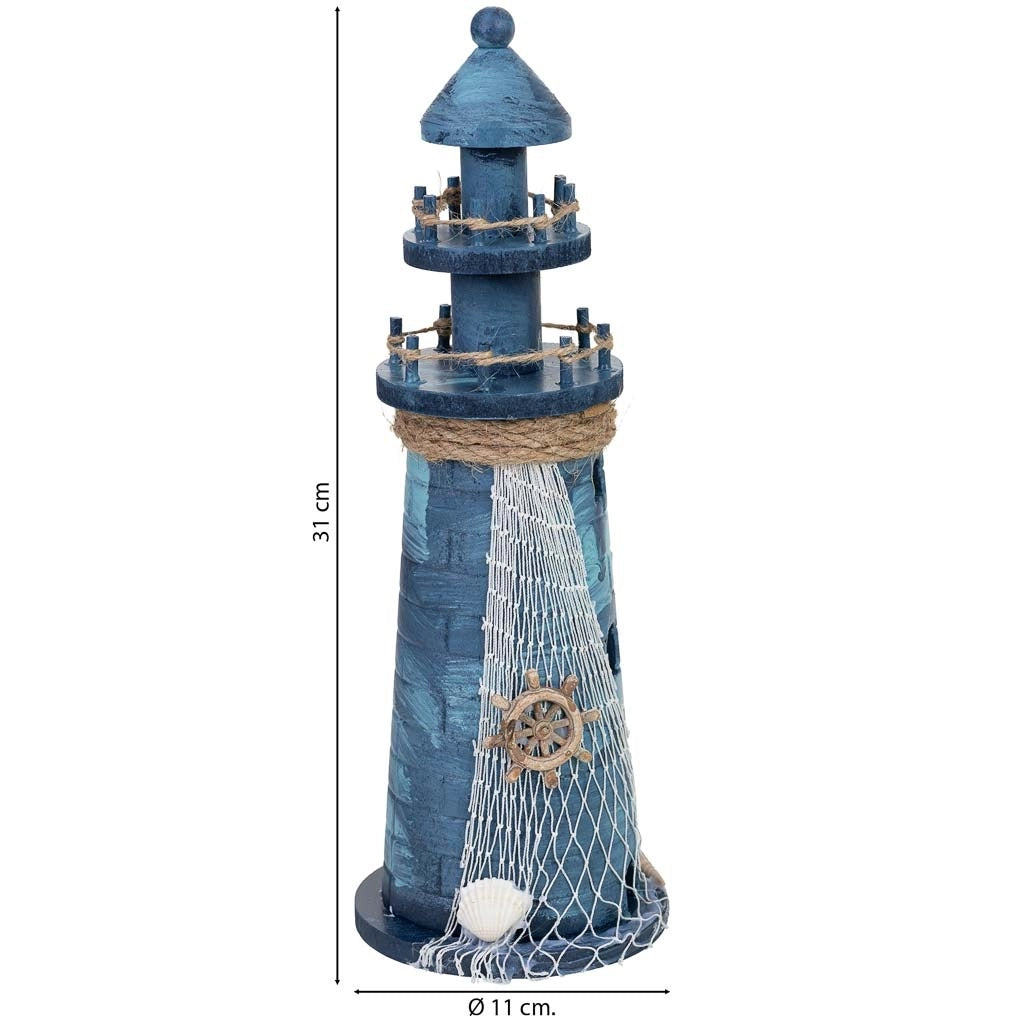 Figura decorativa a forma di faro in legno blu, 11x11x31h cm