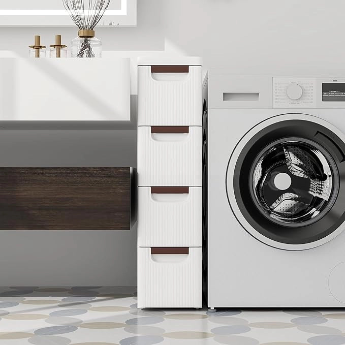 Mobile Bagno con 4 Cassetti, Mobiletto Bagno Salvaspazio con Ruote, Cassettiera in PP per Soggiorno, Bagno e Cucina, 42 x 19 x 74 cm