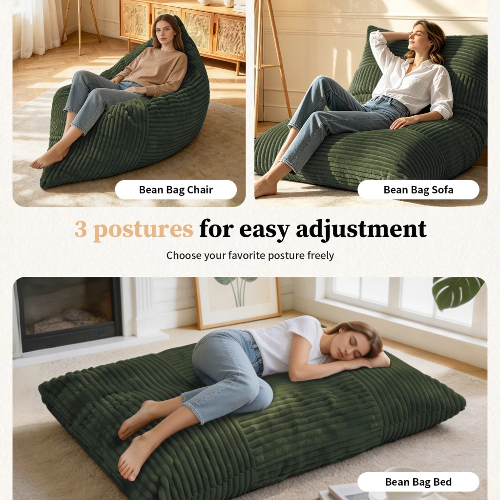 Pouf trasformabile con seduta, divano e letto in velluto a coste morbido, imbottitura in memory foam, verde