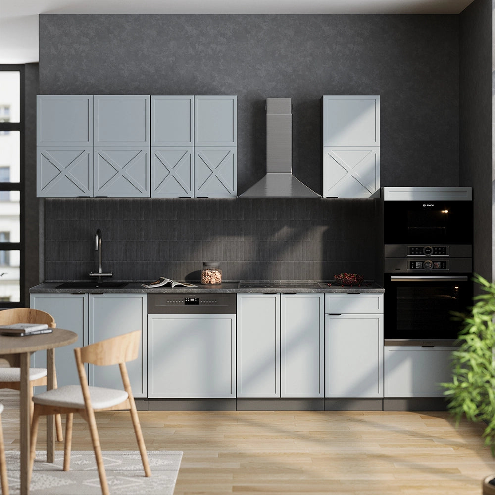 Cucina componibile Fame-Line Blu-grigio chiaro/Antracite 300 cm con armadio alto, PL Antracite Vicco