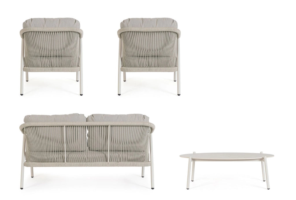 Set 4 Pezzi Salotto da Giardino con Divano 2 Poltrone e Tavolino in Alluminio Corda Poliestere e Pietra Sinterizzata