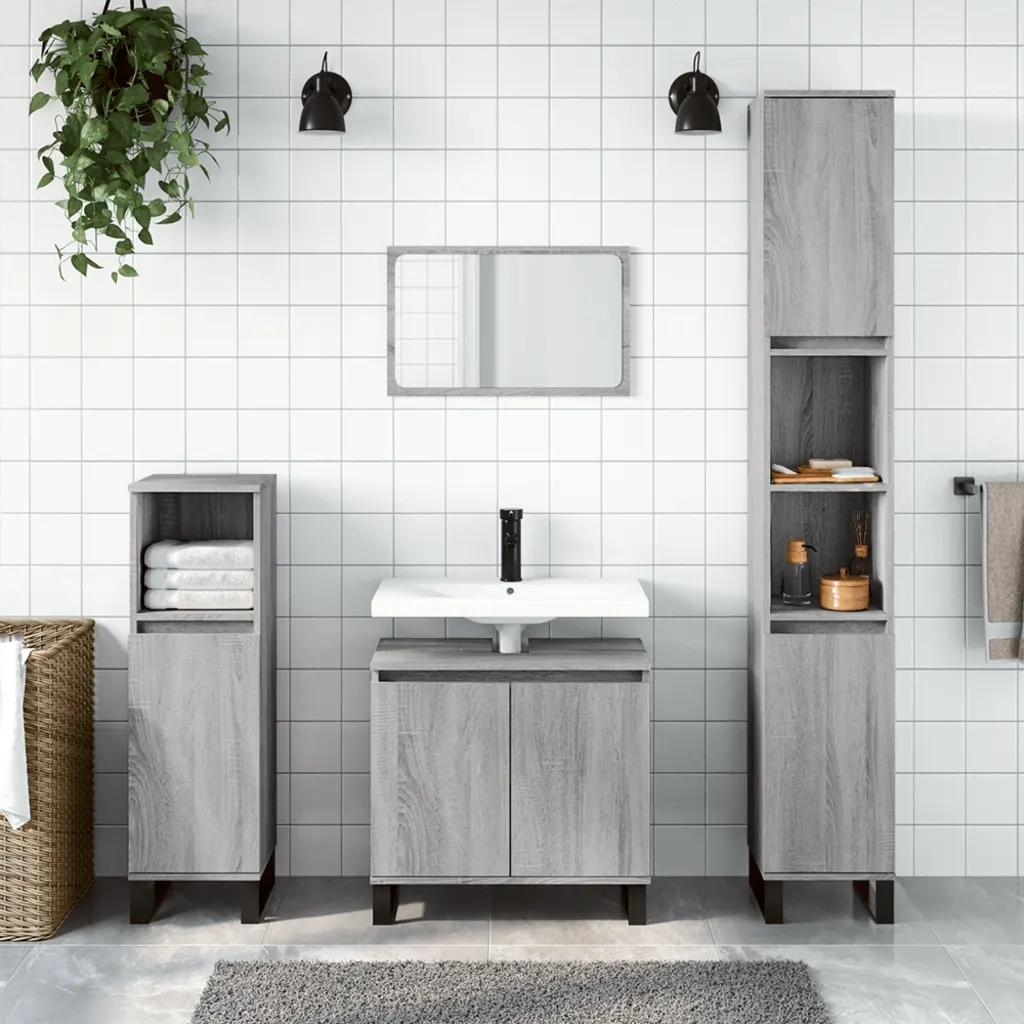 Set Mobili da Bagno | Armadio da bagno 3 pz Grigio Sonoma in Legno Multistrato