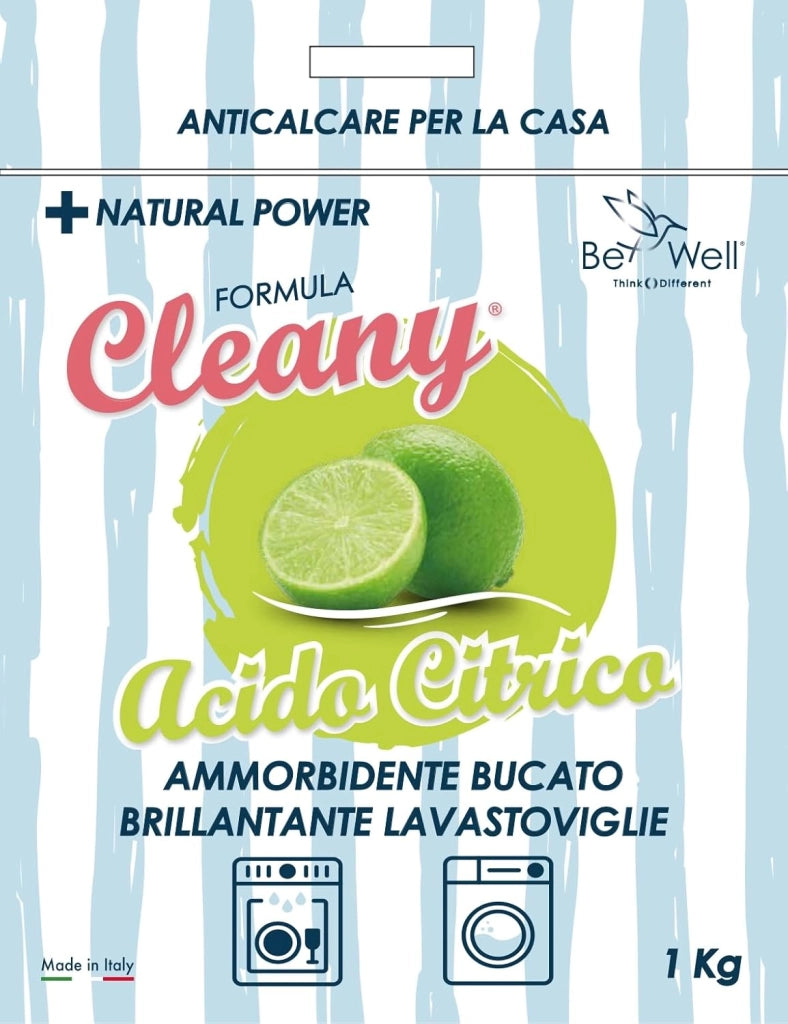 CLEANY Acido Citrico in Polvere Naturale ed Ecologico Multiuso, Ammorbidente per Bucato, Anticalcare, Brillantante, Disincrostante, Decalcificante Lavatrice e Lavastoviglie, Made in Italy, 500g