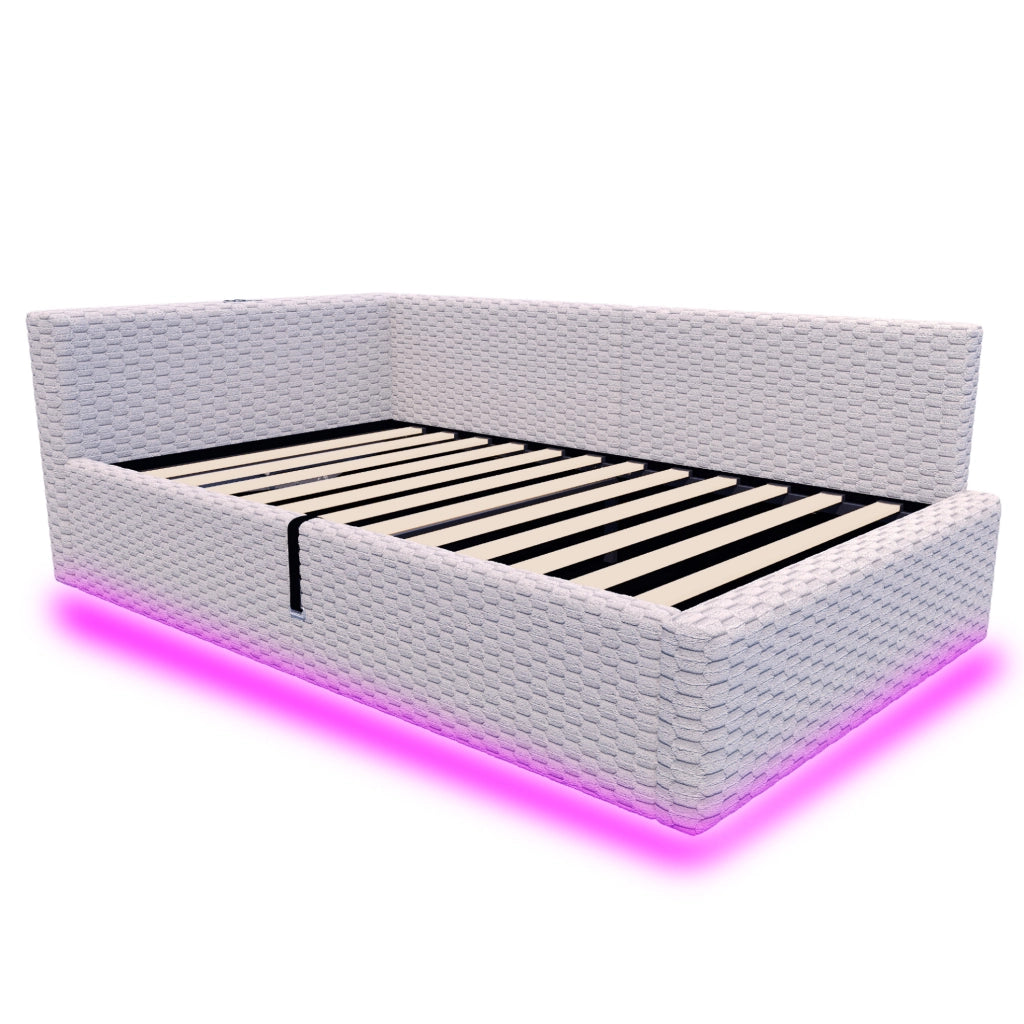 Letto imbottito ULEVR 90x200 cm con contenitore idraulico, LED, 2 USB e Type-C, velluto grigio