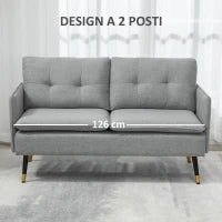 Divano 2 Posti in Tessuto con Cuscini Imbottiti e Gambe in Acciaio 139x68x80cm, Grigio